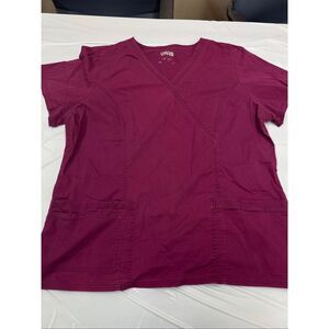 Cherokee Wine Colored Short Sleeve Mock Wrap Princess Seam Scrub Top Size XL
